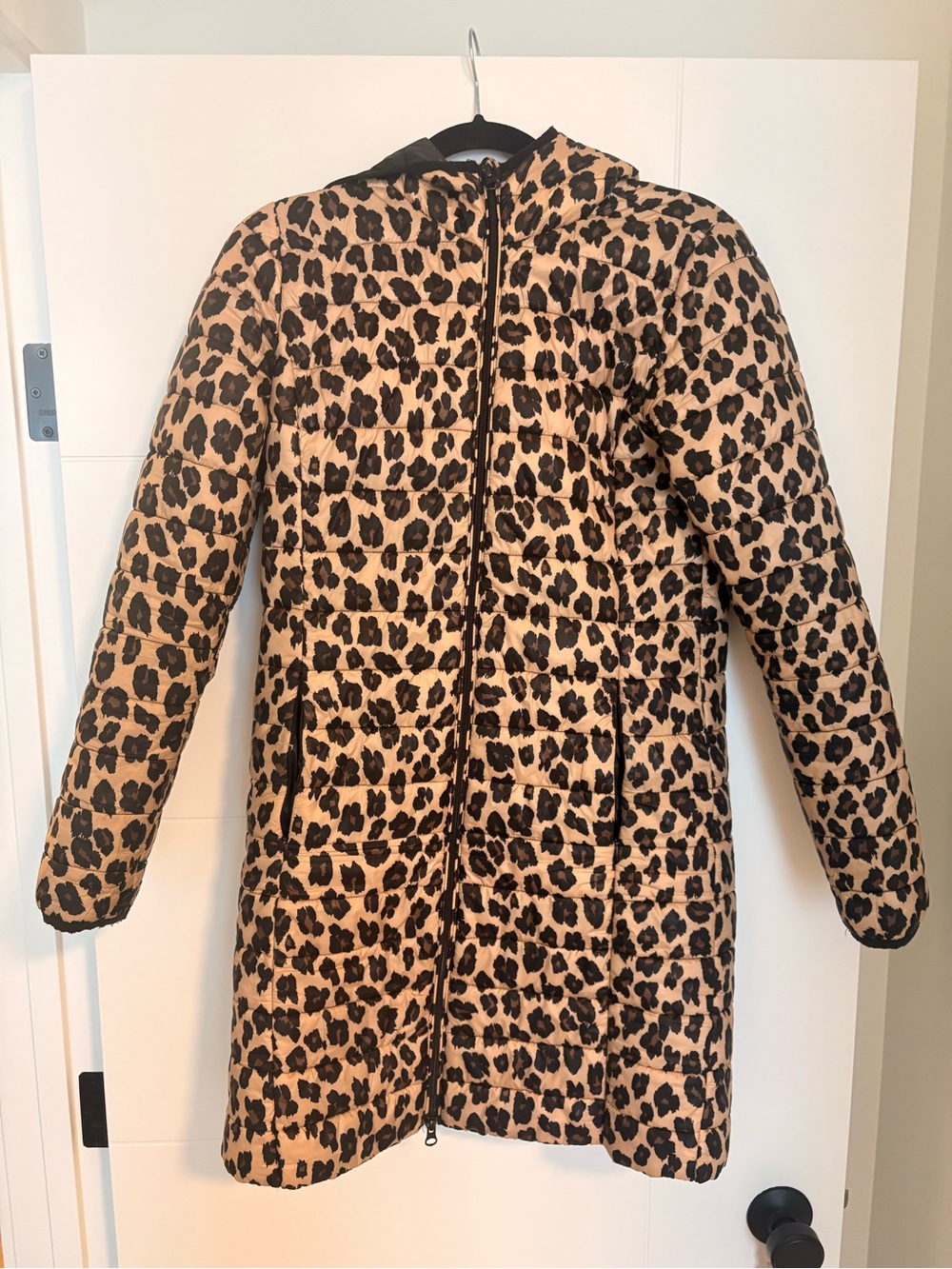 Leopard Print Long Puffer Jacket - Beige/Black